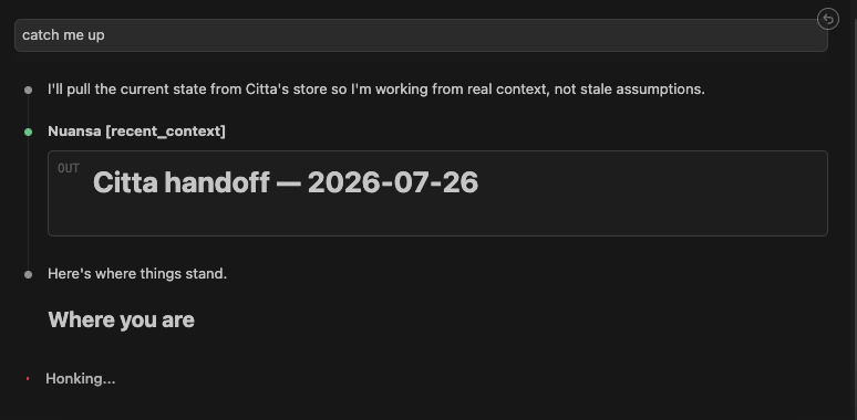 The company brain, queried from an AI client over MCP: catch up, summarize, and write tasks back to the shared store.