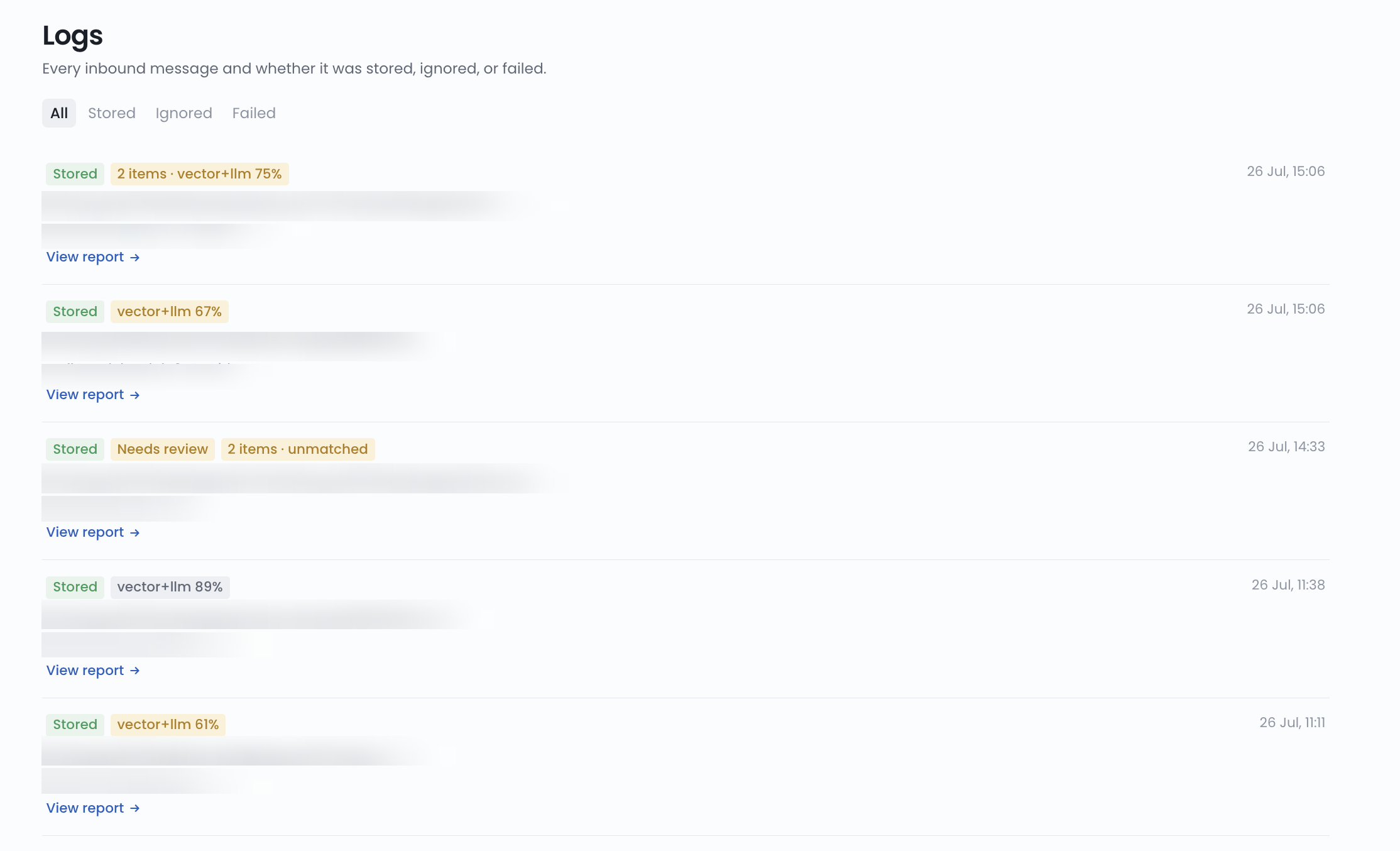 Parse and review: free text becomes structured line items with a match score.